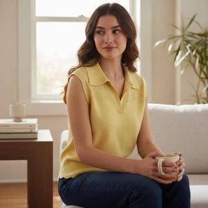 Joie Knit Sleeveless Collared Top XL‎ Yellow Scallop Hem Pointelle Cotagecore